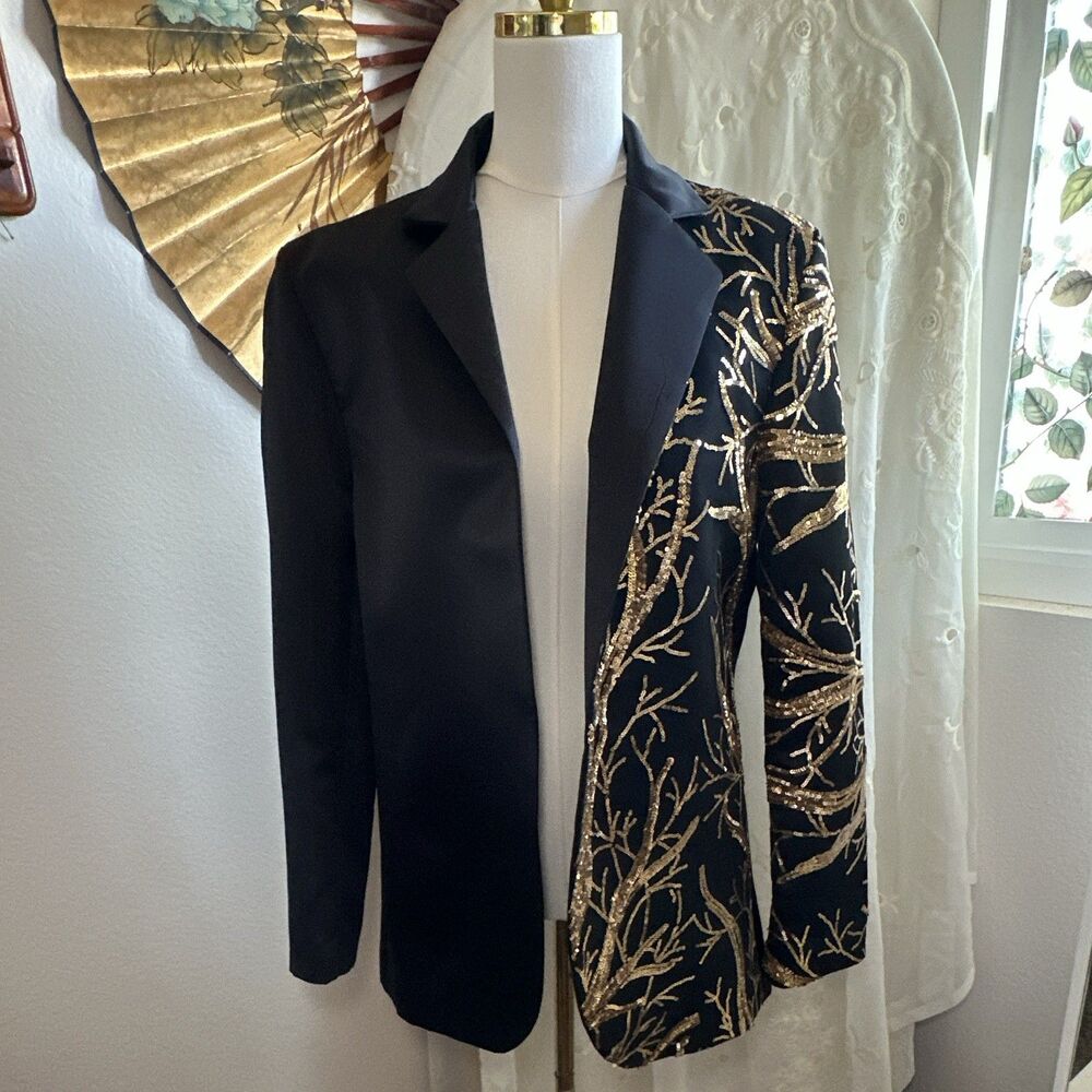 CloudStyle Regular Black/Gold Sequin Formal Tuxedo Blazer sz M/L